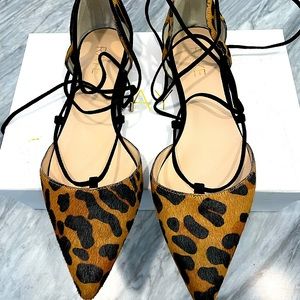 Lace up pony hair, pointed toe flats never worn, by Raye